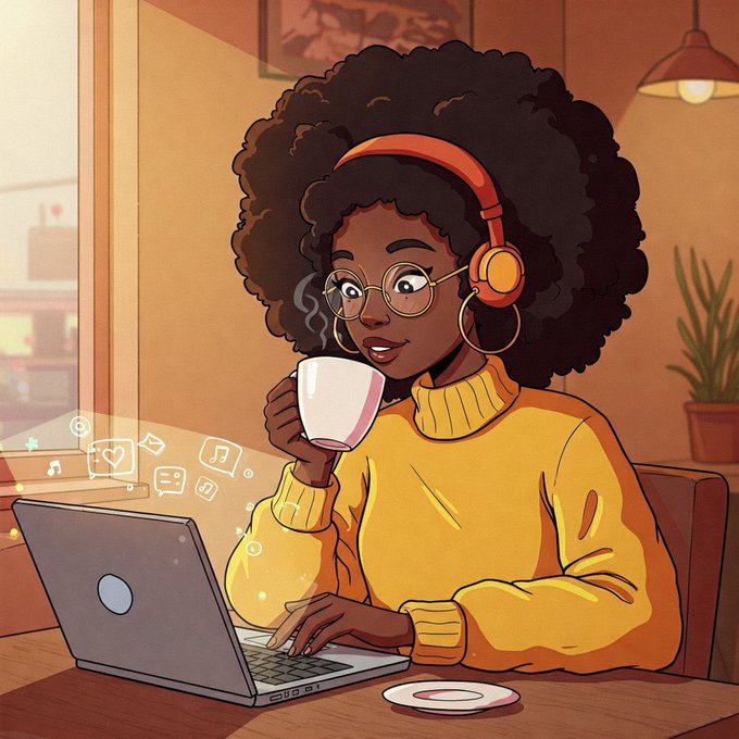 A colorful cartoon illustration of a young Black woman with a large afro, wearing orange headphones and a yellow turtleneck sweater, drinking from a cup while working on a laptop in a cozy café setting with floating social media icons.