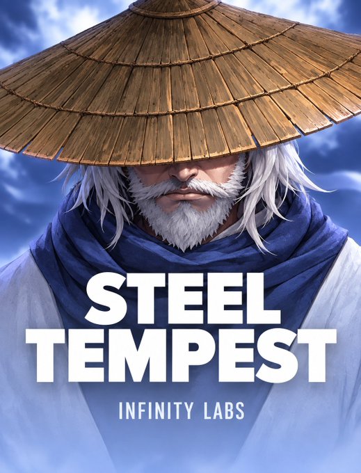 The image features a stylized samurai warrior wearing a large straw conical hat that obscures his eyes, a white beard, and a blue scarf, set against a cloudy sky background with the bold white text "STEEL TEMPEST" and "INFINITY LABS" beneath. It serves as promotional artwork for a slot game giveaway, highlighting the game's dramatic theme and branding while advertising a 25,000x max win opportunity to be shared with 10 lucky participants.