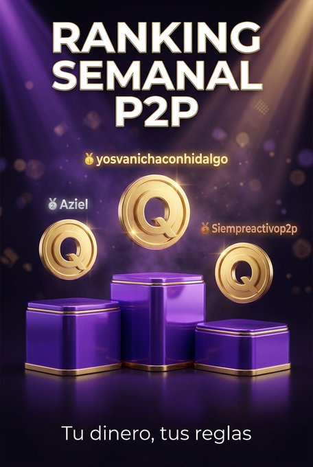 A promotional graphic for 'RANKING SEMANAL P2P' featuring gold Q coins on purple pedestals, displaying usernames 'yosvanichaconhidalgo' (1st), 'Aziel' (2nd), and 'Siempreactivop2p' (3rd) with the tagline 'Tu dinero, tus reglas'.