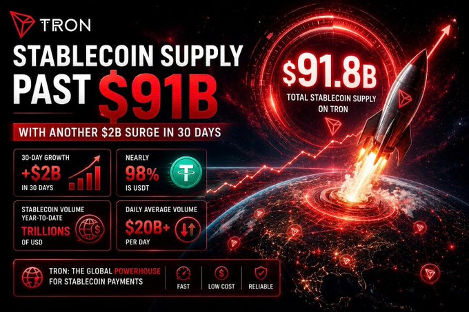 A promotional graphic for TRON stablecoin supply, showing 'STABLECOIN SUPPLY PAST $91B' with key metrics including 30-day growth of +$2B, nearly 98% USDT, year-to-date volume in trillions, and daily average volume of $20B+, featuring a rocket launch over Earth.