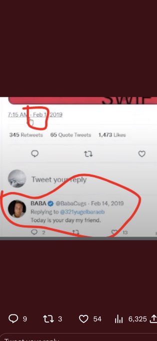 Screenshot of a tweet with red circles highlighting the timestamp 'Feb 17 2019' and a reply from BABA (@BabaCugs) saying 'Today is your day my friend.'
