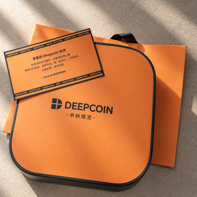 An orange DEEPCOIN branded package with a '中秋限定' (Mid-Autumn Festival limited) label sits next to a matching card, featuring a Chinese message addressed to '亲爱的 Deepcoin 伙伴' (Dear Deepcoin partners).