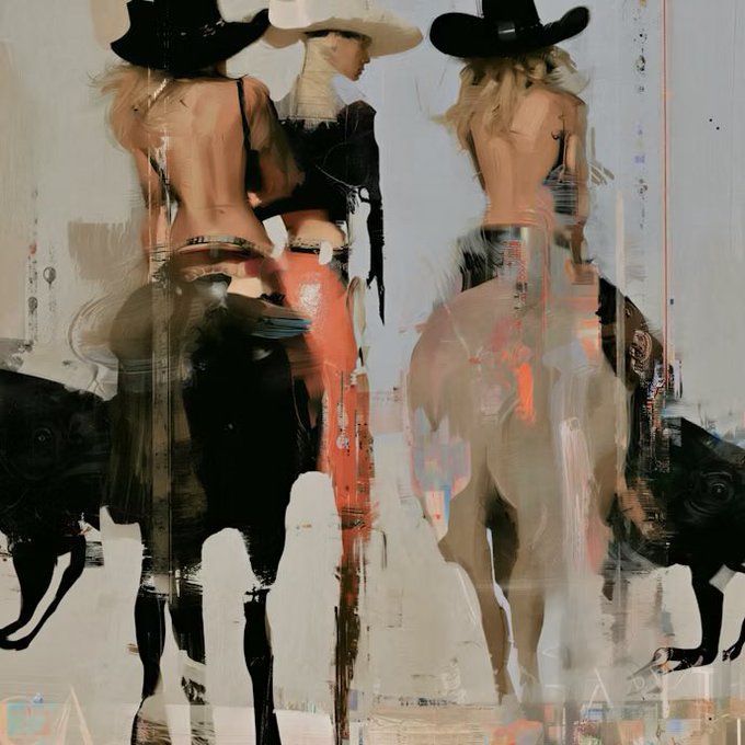 An abstract painting depicting three women wearing cowboy hats, with distorted figures and bold brushstrokes in earthy tones.