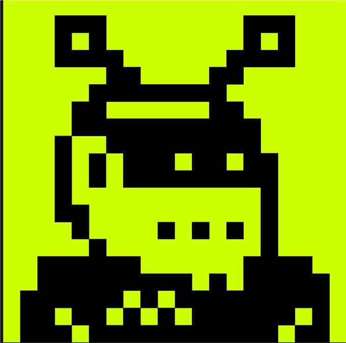A pixel art style image featuring a black and yellow character that resembles a stylized animal or creature on a bright yellow background.