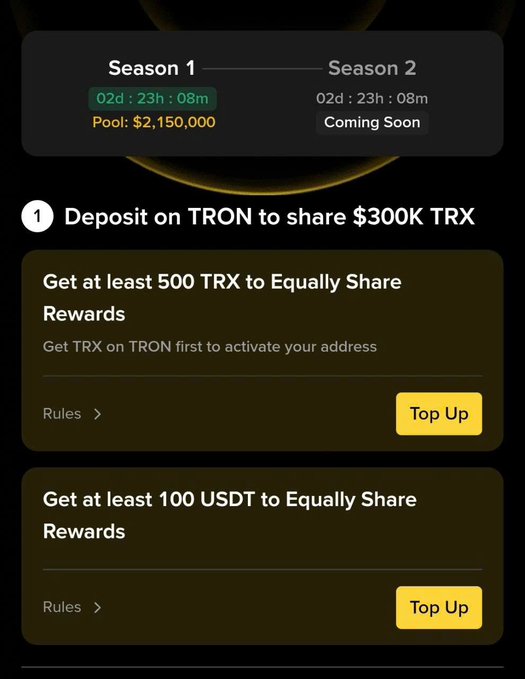A promotional screen for the Binance Wallet TRON DeFi Carnival Season 1, showing a 02d:23h:08m countdown, a $2,150,000 pool, and offering users a chance to share $300K TRX by depositing at least 500 TRX (with a "Top Up" button) or 100 USDT onto the TRON network.