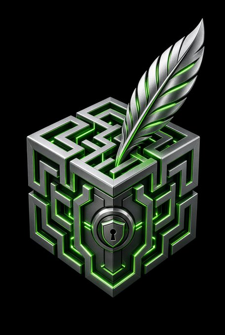 A 3D digital rendering of a metallic cube with a green neon maze pattern and a keyhole, with a silver and green feather quill pen emerging from the top against a black background.
