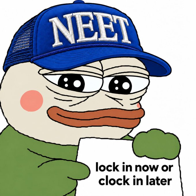 A smug-looking cartoon frog wears a blue "NEET" trucker hat and holds a sign reading "lock in now or clock in later," serving as a relatable meme for the post's "good morning bull run enthusiasts" greeting by humorously contrasting hustle culture with laid-back financial optimism.