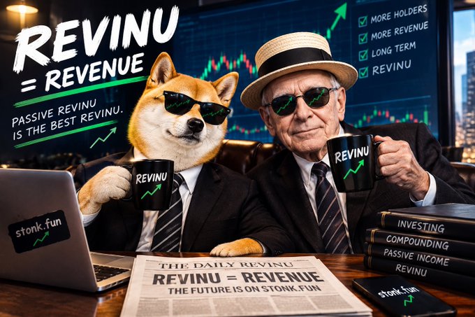 A promotional meme image showing Warren Buffett and a Shiba Inu dog wearing sunglasses and suits, both holding 'REVINU' mugs, with text reading 'REVINU = REVENUE', 'PASSIVE REVINU IS THE BEST REVINU', and 'stonk.fun' branding.
