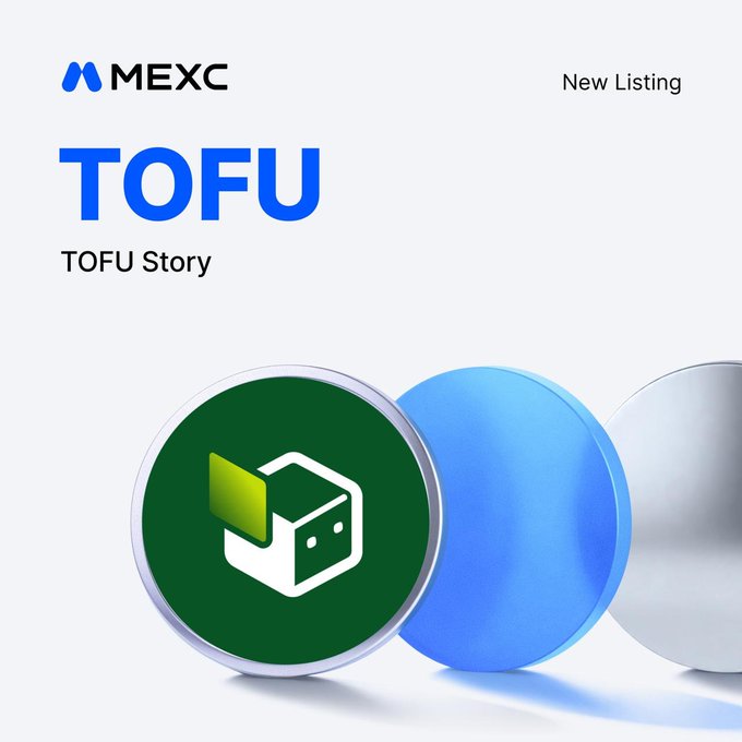 The image is a MEXC "New Listing" announcement graphic for TOFU Story ($TOFU), featuring the MEXC logo and "New Listing" label at the top, with large "TOFU / TOFU Story" text on the left and a stylized 3D token displaying a green circular badge with a cube/box mascot on the right, visually promoting the upcoming $TOFU token listing following the completed snapshot mentioned in the post.