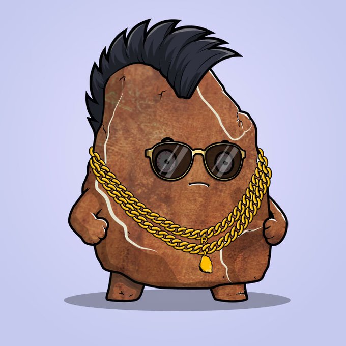 A cartoon illustration of a personified rock or potato character wearing black sunglasses, a gold chain necklace, and sporting a black pompadour hairstyle, set against a gray background.
