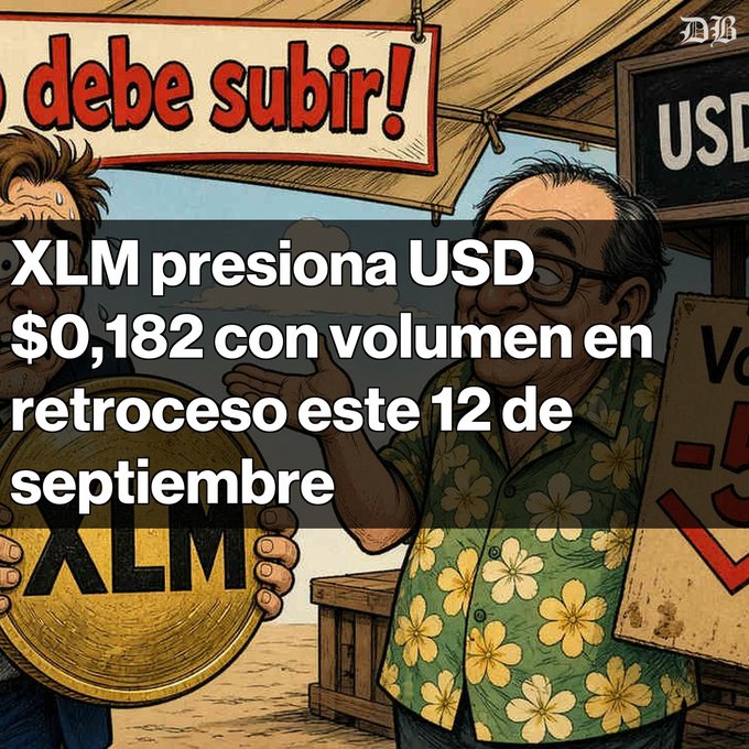 A cartoon illustration shows a sweaty man holding a large 'XLM' coin while talking to another man in a Hawaiian shirt, with overlaid Spanish text reading 'XLM presiona USD $0,182 con volumen en retroceso este 12 de septiembre' and signs saying 'debe subir!' and 'USD'.