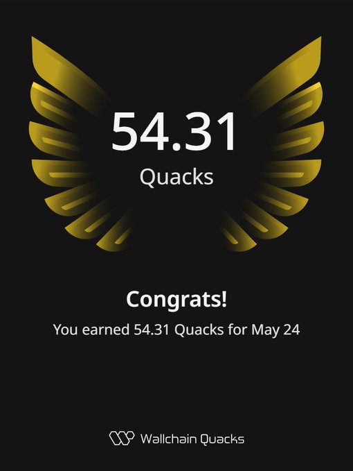 urn of gold and white feathers, with a black background and the text "CONGRATS! You earned 54.31 Quacks for May 24"