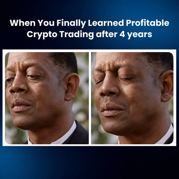 A meme featuring a man with his eyes closed in a serene, enlightened expression, with the caption "When You Finally Learned Profitable Crypto Trading after 4 years".