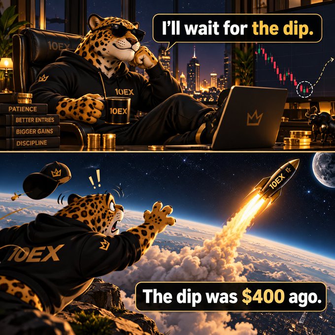 A two-panel promotional meme for 10EX featuring an anthropomorphic cheetah: the top panel shows the cheetah in sunglasses saying 'I'll wait for the dip' while watching a falling chart, and the bottom panel shows it in shock as a rocket labeled '10EX' launches, with text reading 'The dip was $400 ago.'