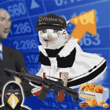 The image is a meme featuring a stoic-looking cat wearing a black "Raiamen" cap and a white and black cloak, holding what appears to be a firearm, set against a stock ticker background with an orange upward arrow and a Chick-fil-A nuggets box. It also includes a penguin (Linux Tux mascot) and a man's face on the left side. The meme appears to accompany a post about relisting NFT cats on OpenSea with altered branded traits, with the edgy cat imagery suggesting the creator's defiant stance toward branding/copyright issues.