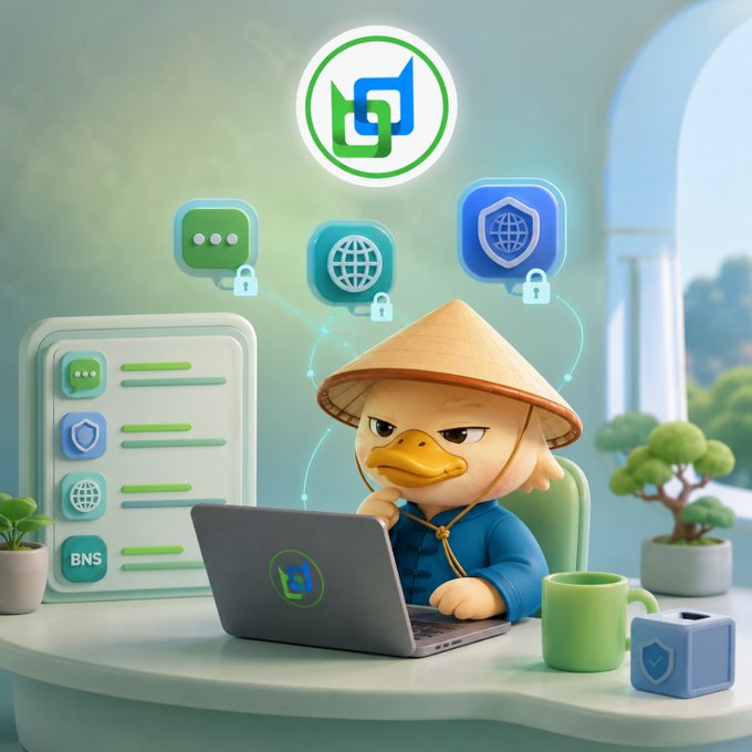 A 3D illustration of an anthropomorphic duck wearing a traditional conical hat and blue clothing, working on a laptop surrounded by floating icons representing security, messaging, and networks.