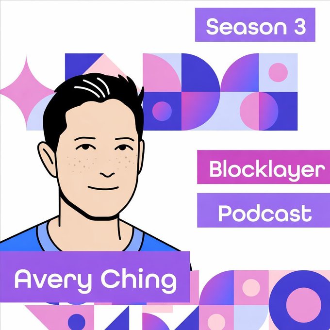 Promotional graphic for Season 3 of the Blocklayer Podcast featuring an illustrated portrait of Avery Ching, with geometric purple and pink shapes in the background, highlighting his appearance on the show.