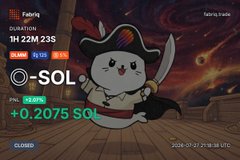 A smaller trading interface for Fabriq showing a closed position with a profit of "+0.2075 SOL" featuring a pirate rabbit character.