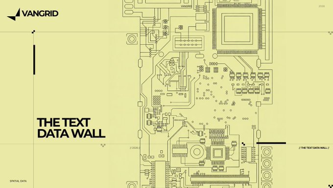 A green-toned digital graphic featuring a circuit board design with the text 'VANGRID', 'THE TEXT DATA WALL', and 'SPATIAL DATA'.