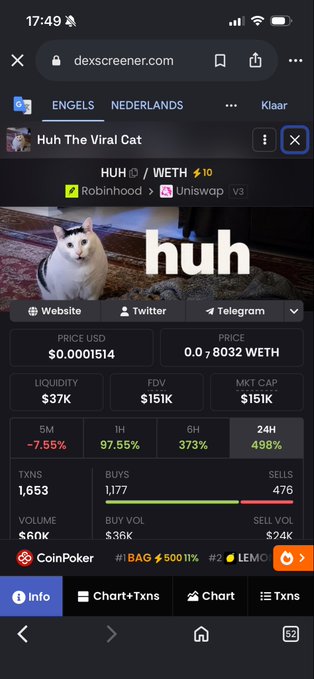 A mobile screenshot from dexscreener.com showing the token 'HUH' (WETH pair, ticker $huh), branded 'Huh The Viral Cat' featuring an image of a white cat, with a current price of $0.0001514 and showing significant recent percentage gains.