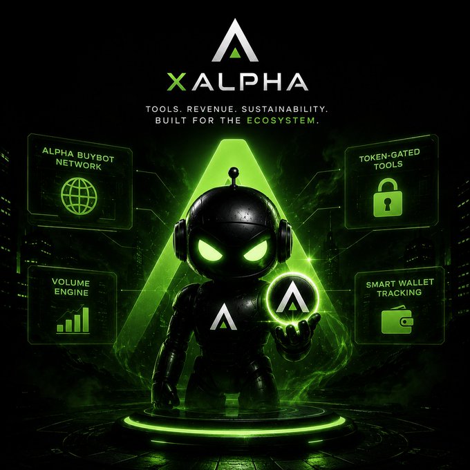 The image features a robot with green eyes and arms holding a ball, surrounded by various icons related to cryptocurrency and blockchain technology. The text "XALPHA" can be seen at the top of the image, indicating that this is an advertisement for a cryptocurrency or blockchain-related product or service.