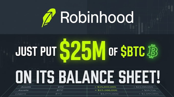 A promotional graphic for Robinhood features the company's logo and text reading 'JUST PUT $25M OF $BTC ON ITS BALANCE SHEET!' over a background showing a balance sheet with asset and ledger entries for BTC.