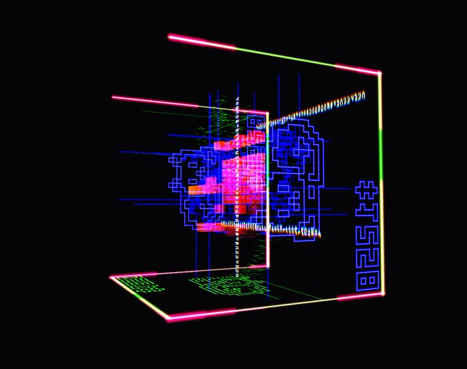 A retro-style digital artwork featuring a 3D wireframe box with neon green, pink, and yellow edges containing a pixelated, colorful glitch-like pattern against a black background.