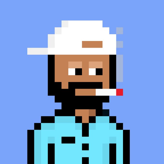 A pixel art portrait of a bearded man wearing a white cap and light blue shirt, smoking a cigarette against a blue background.