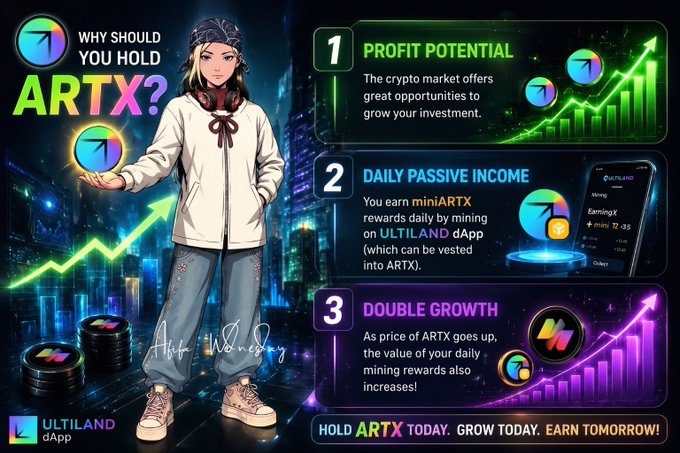 Infographic titled 'WHY SHOULD YOU HOLD ARTX?' featuring an anime-style character and three points: Profit Potential, Daily Passive Income, and Double Growth, promoting the ULTILAND dApp with the slogan 'HOLD ARTX TODAY. GROW TODAY. EARN TOMORROW!'.