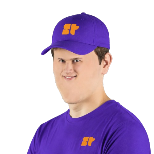 A young man wearing a purple cap and t-shirt, both branded with an orange 'st' logo.
