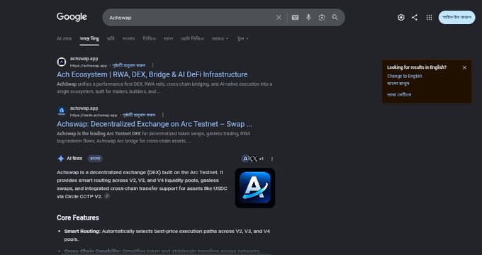 A Google search results page for 'Achswap' showing Ach Ecosystem | RWA, DEX, Bridge & AI DeFi Infrastructure, Achswap: Decentralized Exchange on Arc Testnet, and AI Team descriptions.