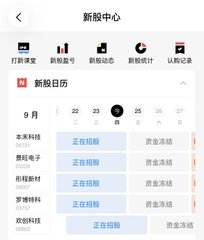 A Chinese-language mobile app interface showing a new stock listing calendar (新股日历) for September, with various stock symbols and "正在认购" (currently subscribing) and "资金冻结" (funds frozen) status indicators.