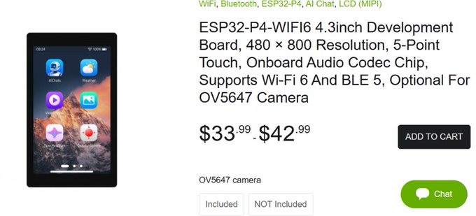 The image shows a product listing for an **ESP32-P4-WIFI6 4.3-inch Development Board** priced at **$33.99 - $42.99**, featuring a 480×800 resolution touchscreen, onboard audio codec, Wi-Fi 6 and BLE 5 support, and an optional OV5647 camera. This affordable, versatile board is relevant to the post as it highlights the hardware being adopted for DIY Bitcoin wallet projects like SeedSigner, Kern, and Specter, suggesting the board's capabilities make it ideal for secure, self-custody cryptocurrency wallet development.