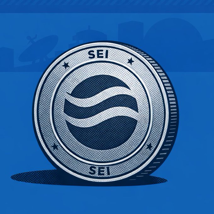 A digital illustration of an SEI cryptocurrency coin against a blue background.