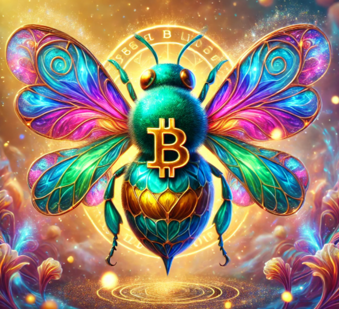A vibrant, psychedelic digital artwork of a large, symmetrical beetle with iridescent blue and green wings and a golden Bitcoin 'B' symbol on its thorax, set against a cosmic, glowing background with runes.