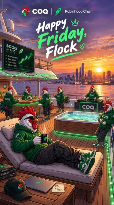 A promotional graphic from COQ on Robinhood Chain wishing a 'Happy Friday, Flock' with animated roosters in hoodies relaxing on a yacht, showing $COQ on RHC at an increasing chart.