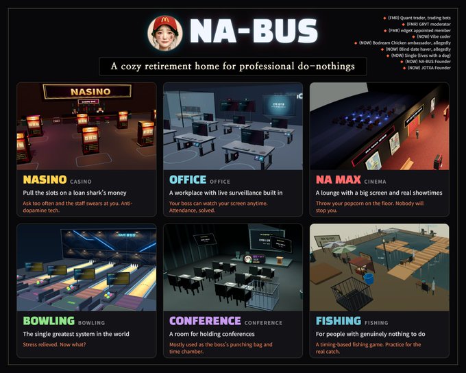 A humorous retirement-themed portfolio page for 'NA-BUS' (tagline: 'A cozy retirement home for professional do-nothings') showcasing six game rooms including a NASINO casino, OFFICE workspace, NA MAX cinema, BOWLING alley, CONFERENCE room, and FISHING deck.