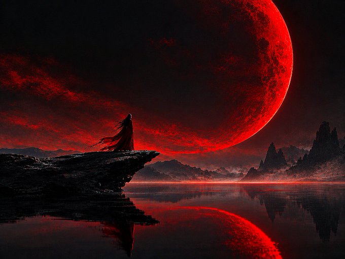 A dramatic landscape scene featuring a lone figure in a flowing cloak standing on a cliff edge, gazing at a massive red blood moon hanging over a calm reflective body of water and jagged mountain peaks.