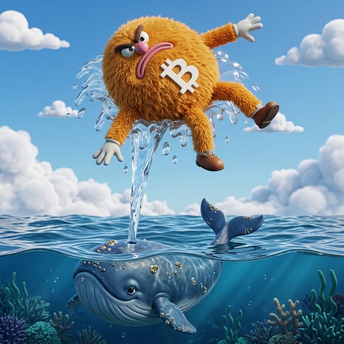 A whimsical 3D illustration of a furry orange Bitcoin mascot with a sad expression being launched from a whale's blowhole into a bright blue sky with clouds.