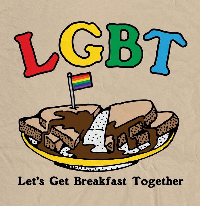 A graphic design featuring the word 'LGBT' in large, colorful hand-drawn letters above an illustration of a breakfast plate with toast and a rainbow pride flag, captioned 'Let's Get Breakfast Together'.