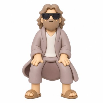 A 3D rendered cartoon-style figurine of a character with shaggy hair and sunglasses, wearing a long beige coat, white shirt, brown pants, and sandals.