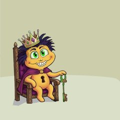 A cartoon illustration of a yellow, dragon-like creature wearing a golden crown, sitting on a wooden throne and holding a green staff.