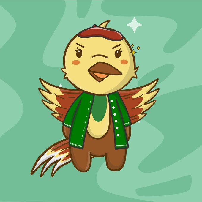 A cartoon illustration of a cute bird-like character wearing a red beret and green jacket with white polka dots, posing with wings spread against a green wavy background.