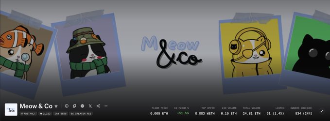 Banner for 'Meow & Co' NFT asset showing cartoon cat characters in polaroid-style frames, with statistics including floor price 0.005 ETH, listed 0.1%, 24H volume 24.01 ETH, and owners 534 (24%).