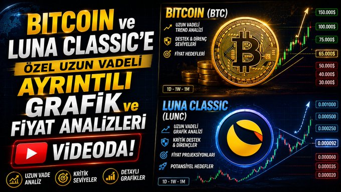 A Turkish-language YouTube thumbnail advertises a detailed long-term graphic and price analysis video comparing Bitcoin (BTC) and Luna Classic (LUNC).