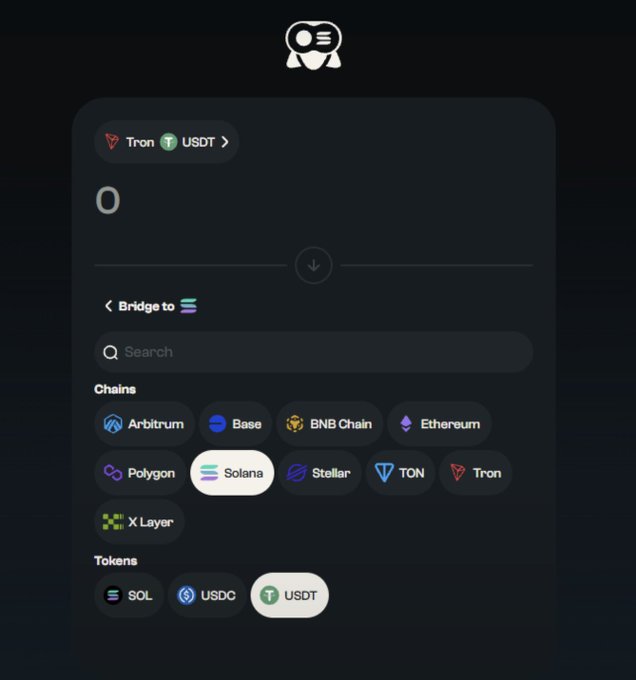 Screenshot of a crypto bridging interface showing a Tron to USDT swap with options for multiple chains including Arbitrum, Base, BNB Chain, Ethereum, Polygon, Solana, Stellar, TON, Tron, and X Layer.