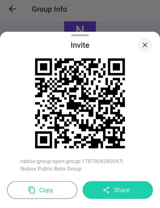 A mobile app screen showing a "Group Info" page with an "Invite" QR code for the "Nabox Public Beta Group" (nabox-group:open:group-1787904280047), along with Copy and Share buttons.