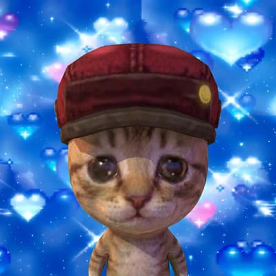 A digital illustration of a kitten wearing a red cap, set against a sparkly blue background filled with heart shapes.
