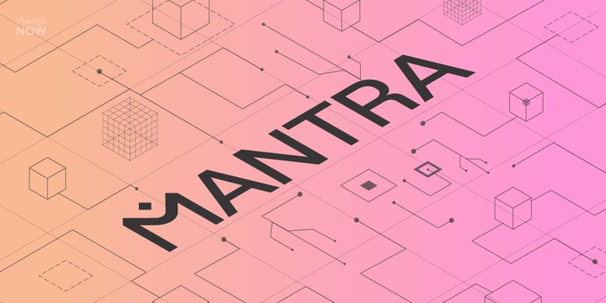 A branded graphic displaying "MANTRA" in large black letters over a pink-to-orange gradient background with technical line patterns, cubes, and "STAKE NOW" in the corner.