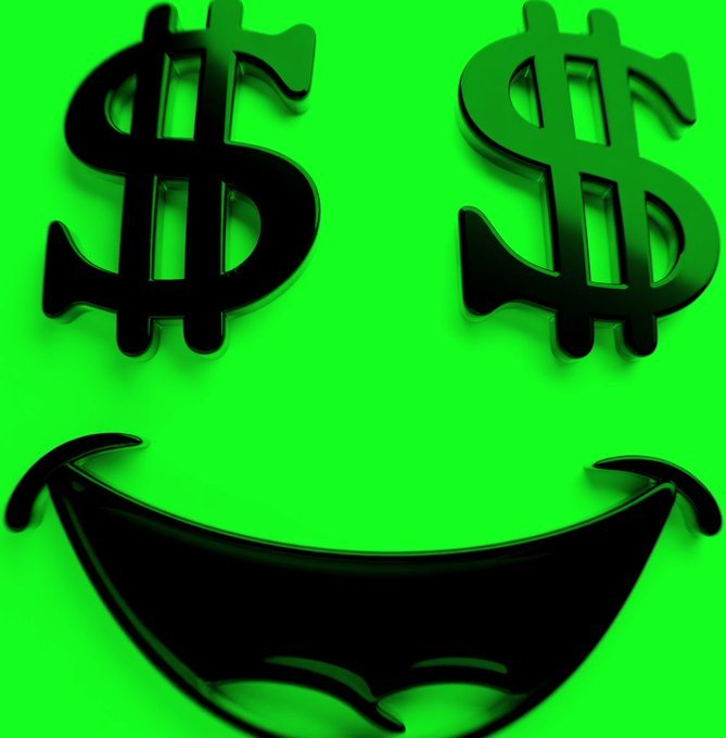 A green smiley face featuring dollar sign eyes and a wide grin, symbolizing the "money" and "profit" themes of the "$HOLD" cryptocurrency token, representing the straightforward goal of holding until Ethereum's next all-time high for maximum ROI.